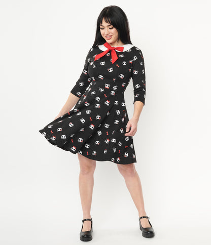 1960s Unique Vintage Black & Panda Print Wednesday Flare Dress