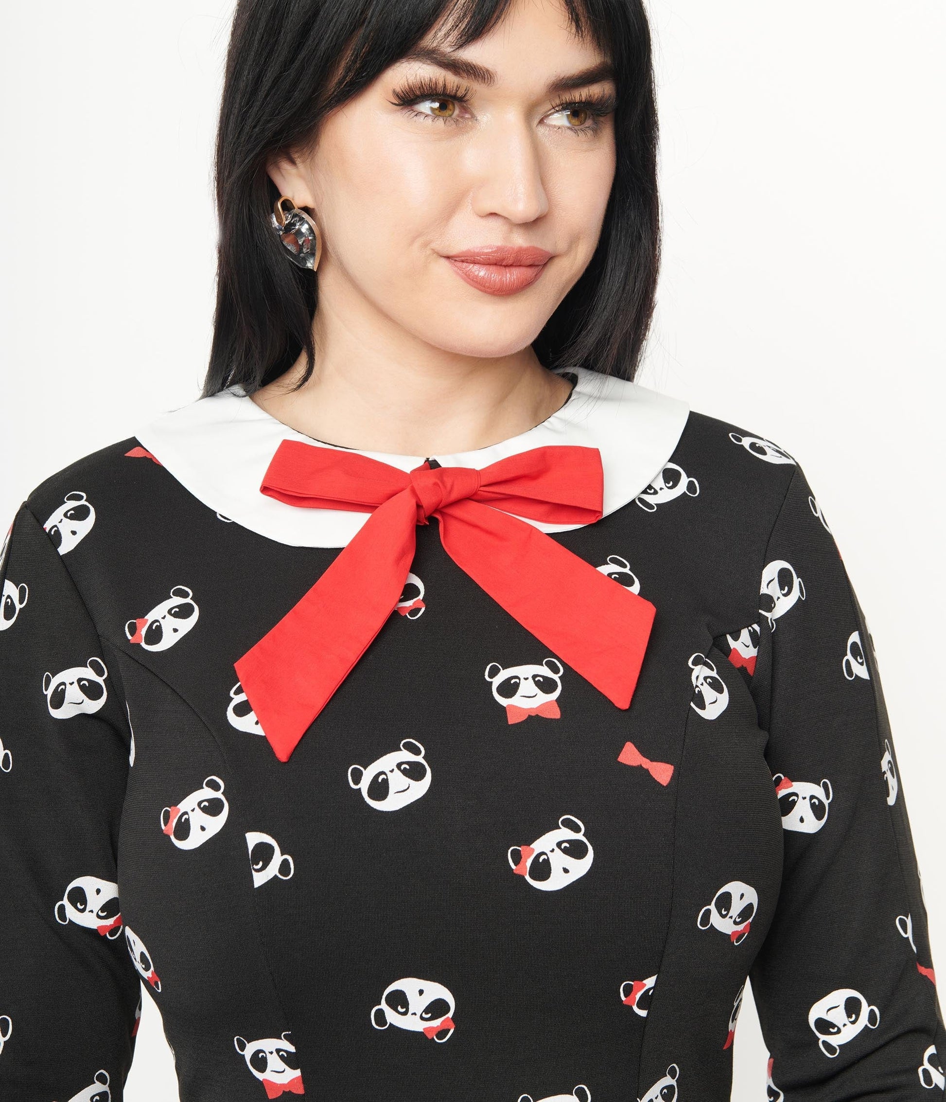 1960s Unique Vintage Black & Panda Print Wednesday Flare Dress
