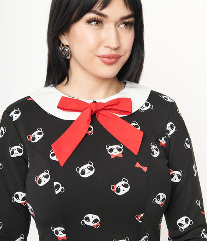1960s Unique Vintage Black & Panda Print Wednesday Flare Dress