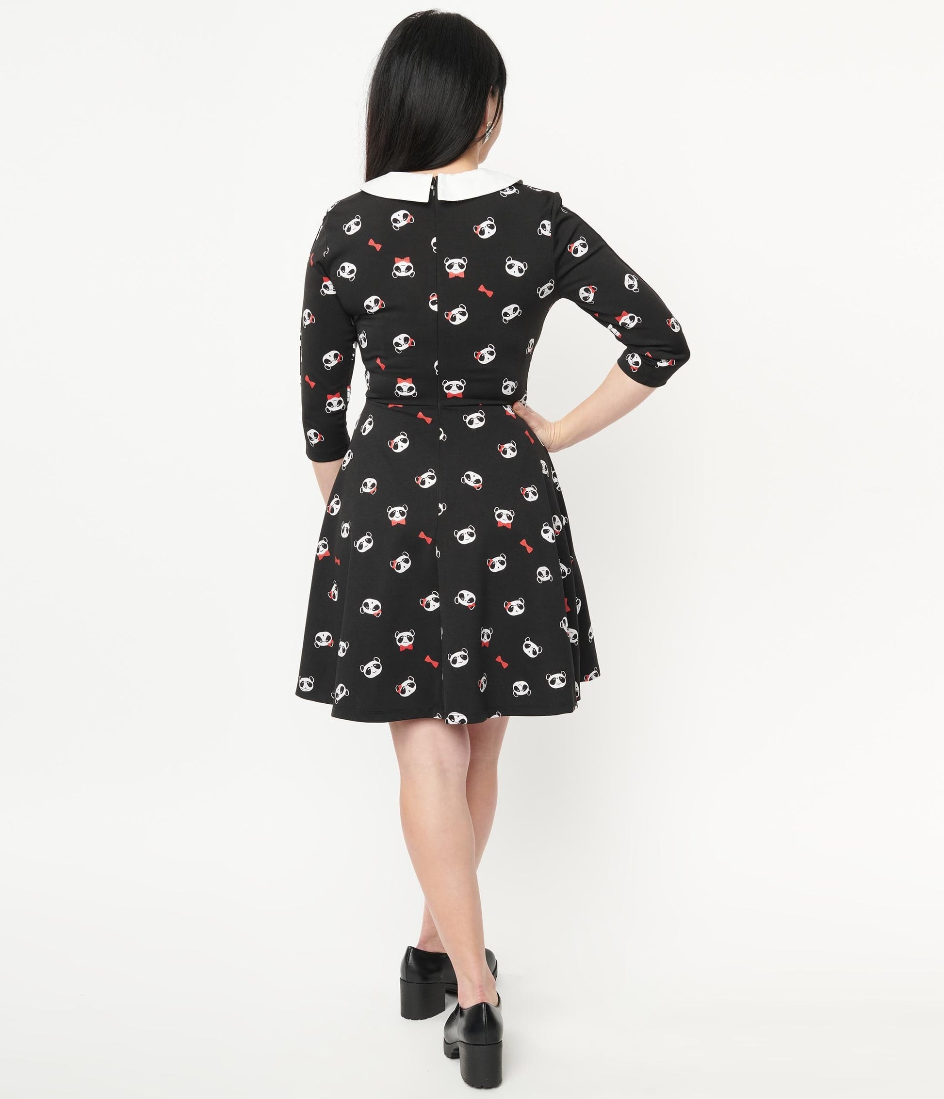 1960s Unique Vintage Black & Panda Print Wednesday Flare Dress