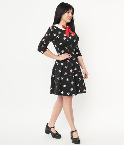 1960s Unique Vintage Black & Panda Print Wednesday Flare Dress