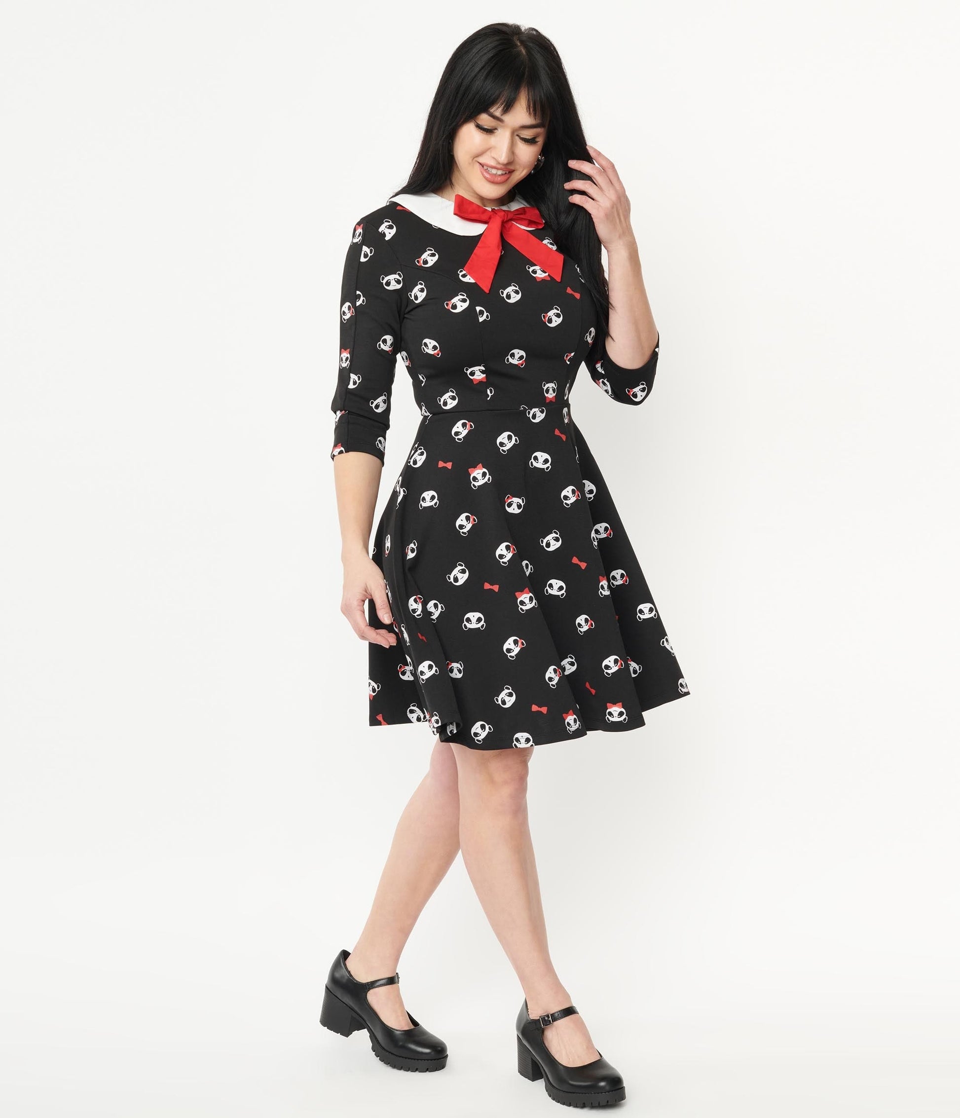 1960s Unique Vintage Black & Panda Print Wednesday Flare Dress