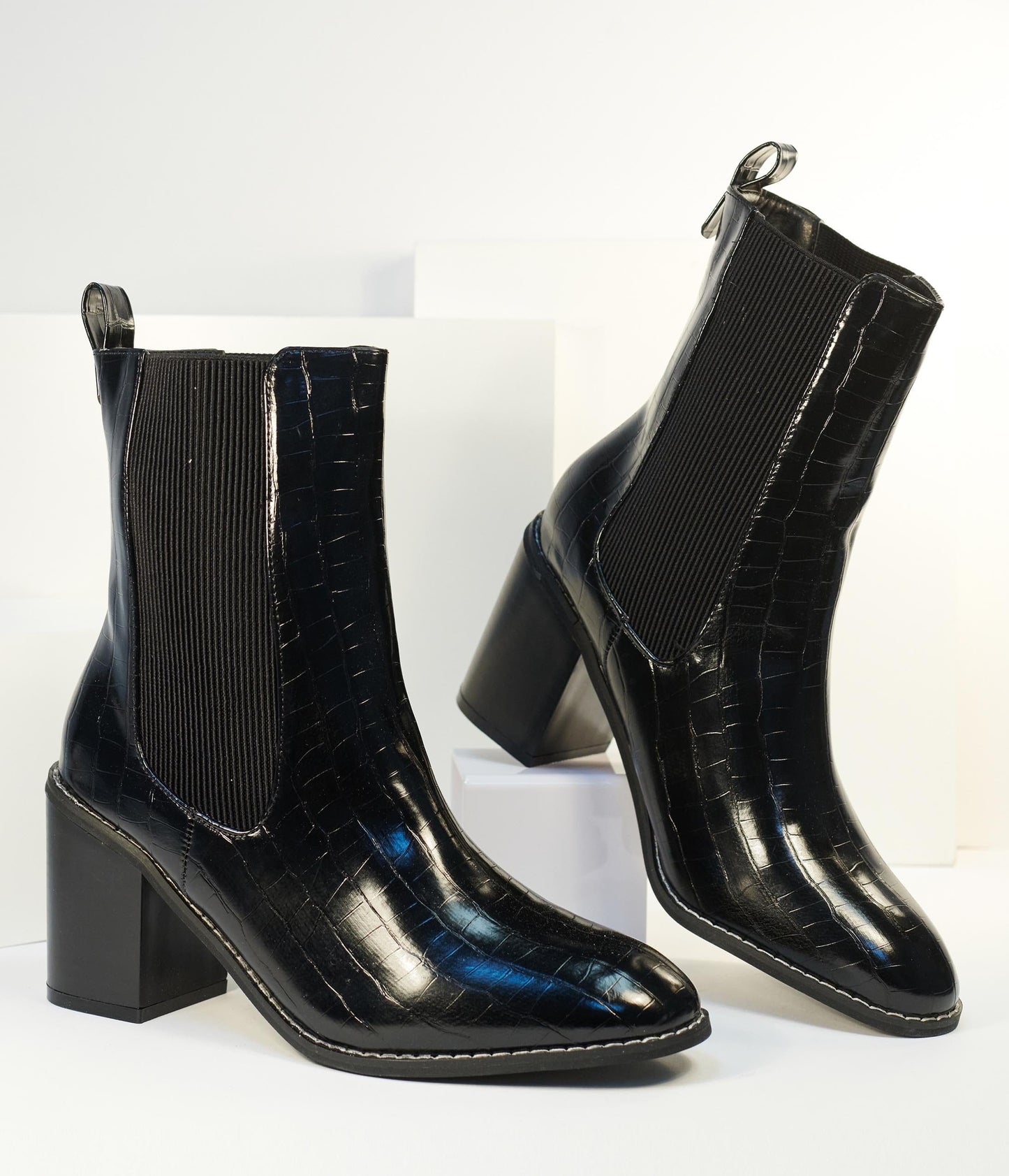1990s Black Reptile Patent Leatherette Heel Booties