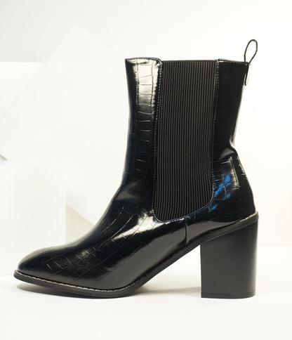 1990s Black Reptile Patent Leatherette Heel Booties