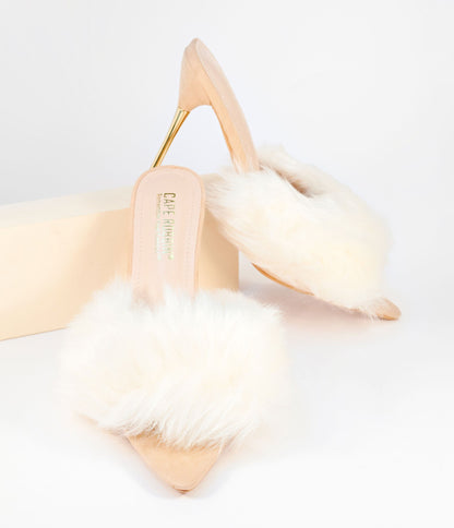 1950s Ivory Fur Stiletto Mule Heels