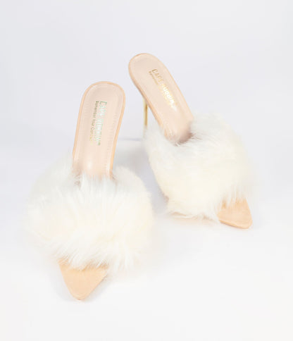 1950s Ivory Fur Stiletto Mule Heels