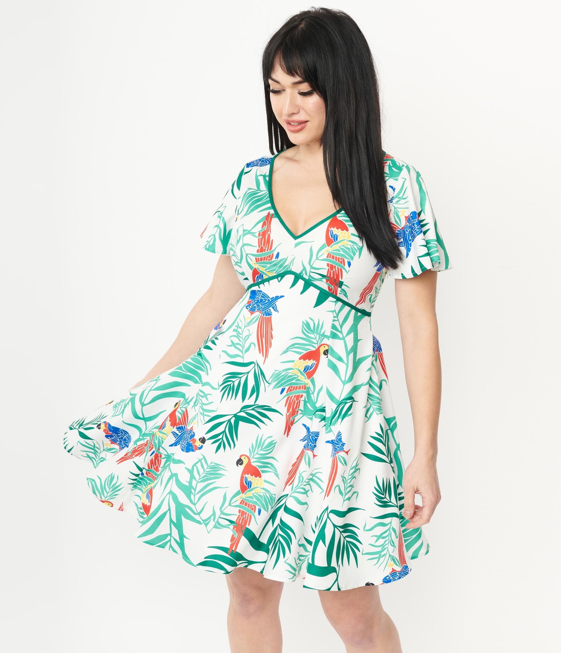 1950s Unique Vintage White & Parrot Print Poppy Flare Dress