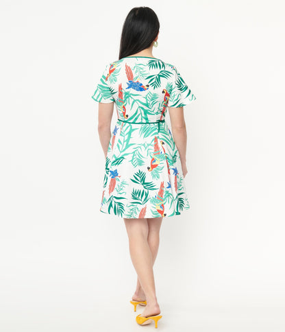 1950s Unique Vintage White & Parrot Print Poppy Flare Dress