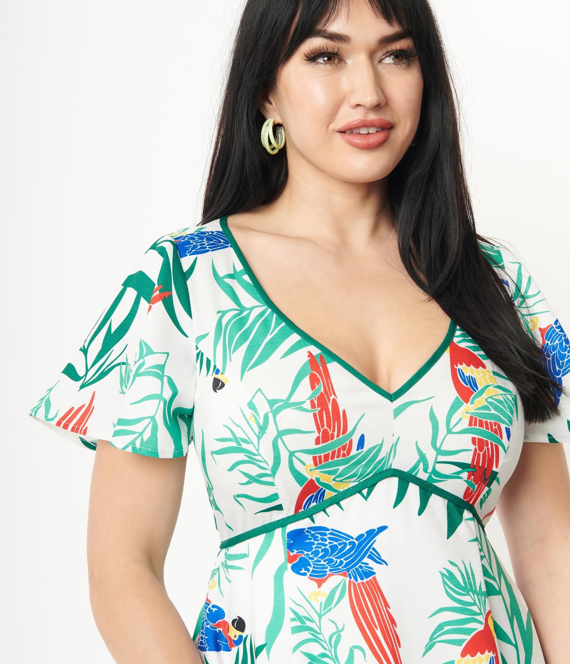 1950s Unique Vintage White & Parrot Print Poppy Flare Dress