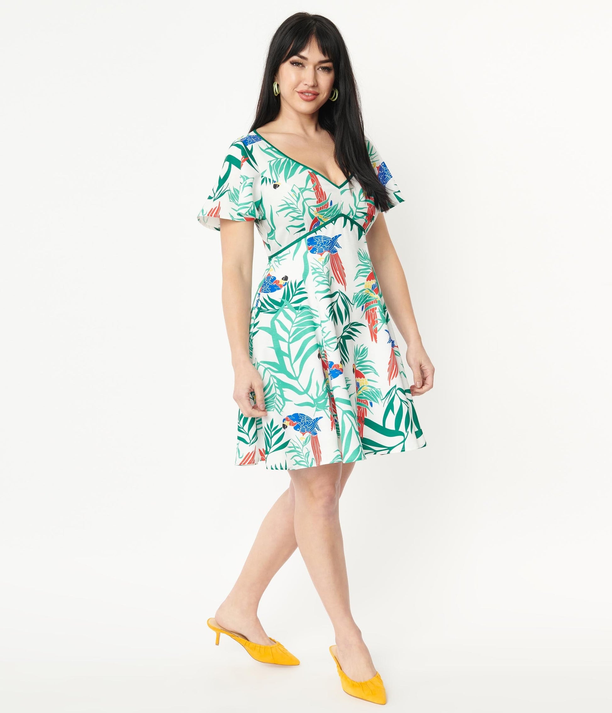 1950s Unique Vintage White & Parrot Print Poppy Flare Dress