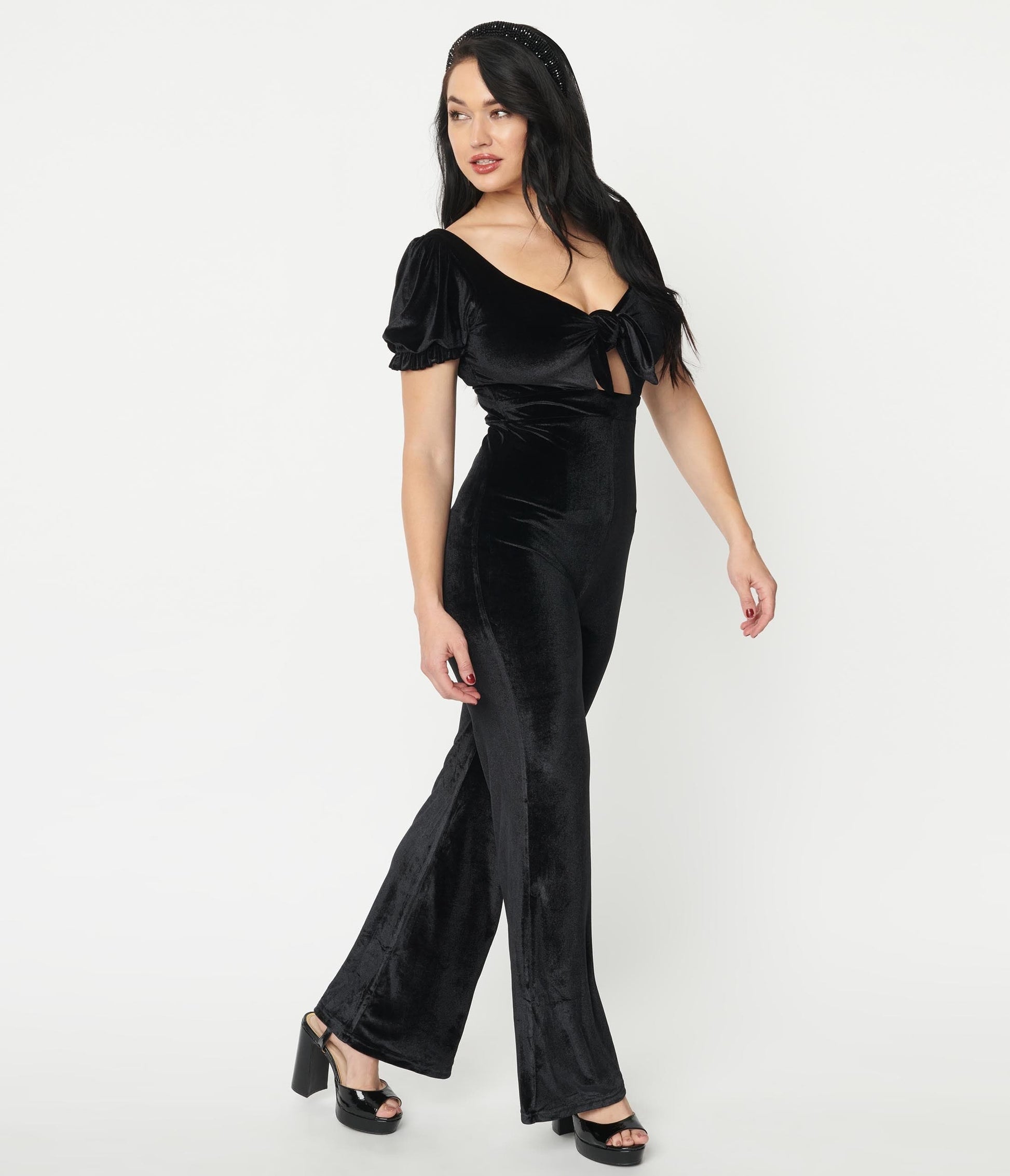 Black Velvet Front Tie Jumpsuit