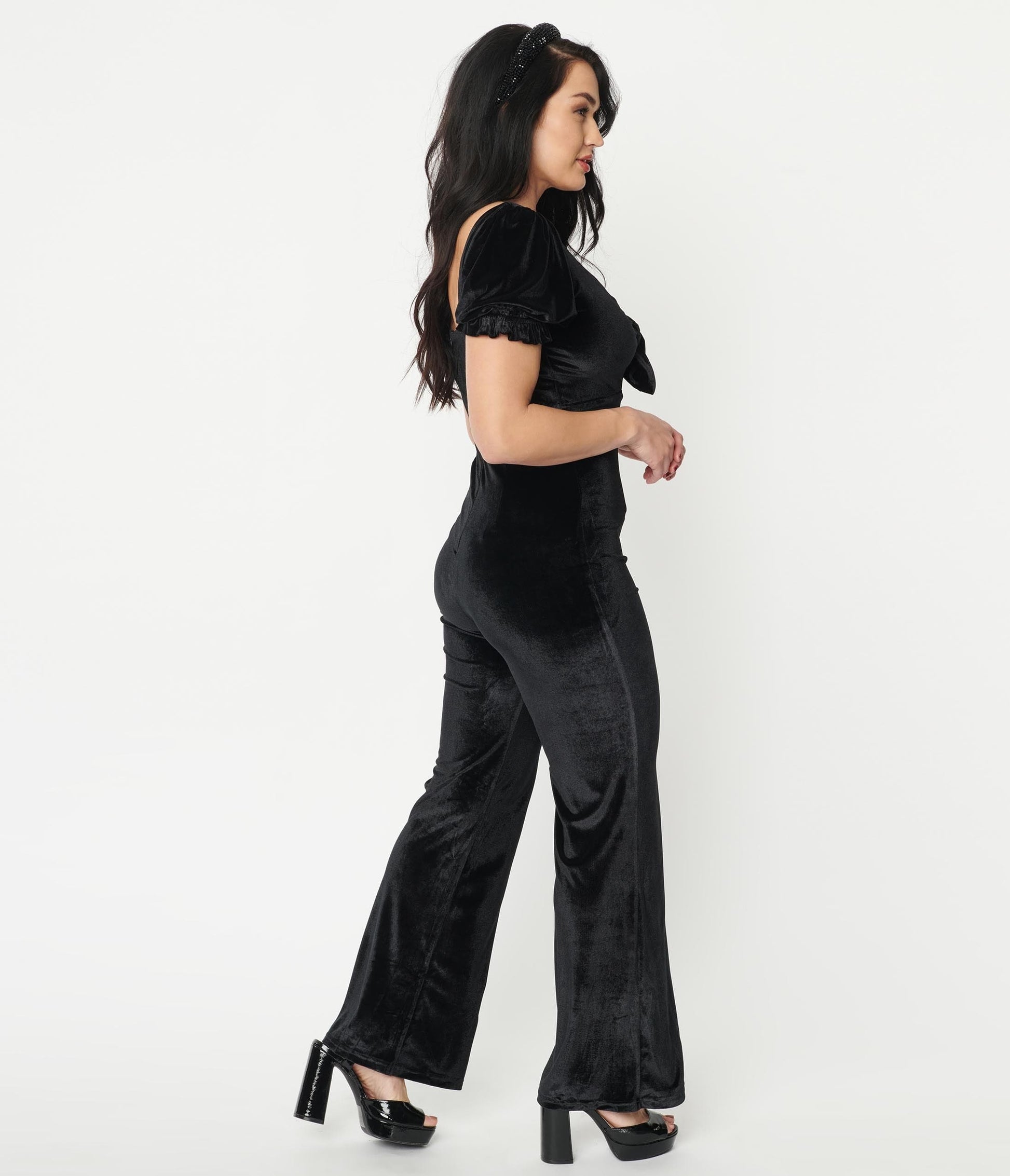 Black Velvet Front Tie Jumpsuit