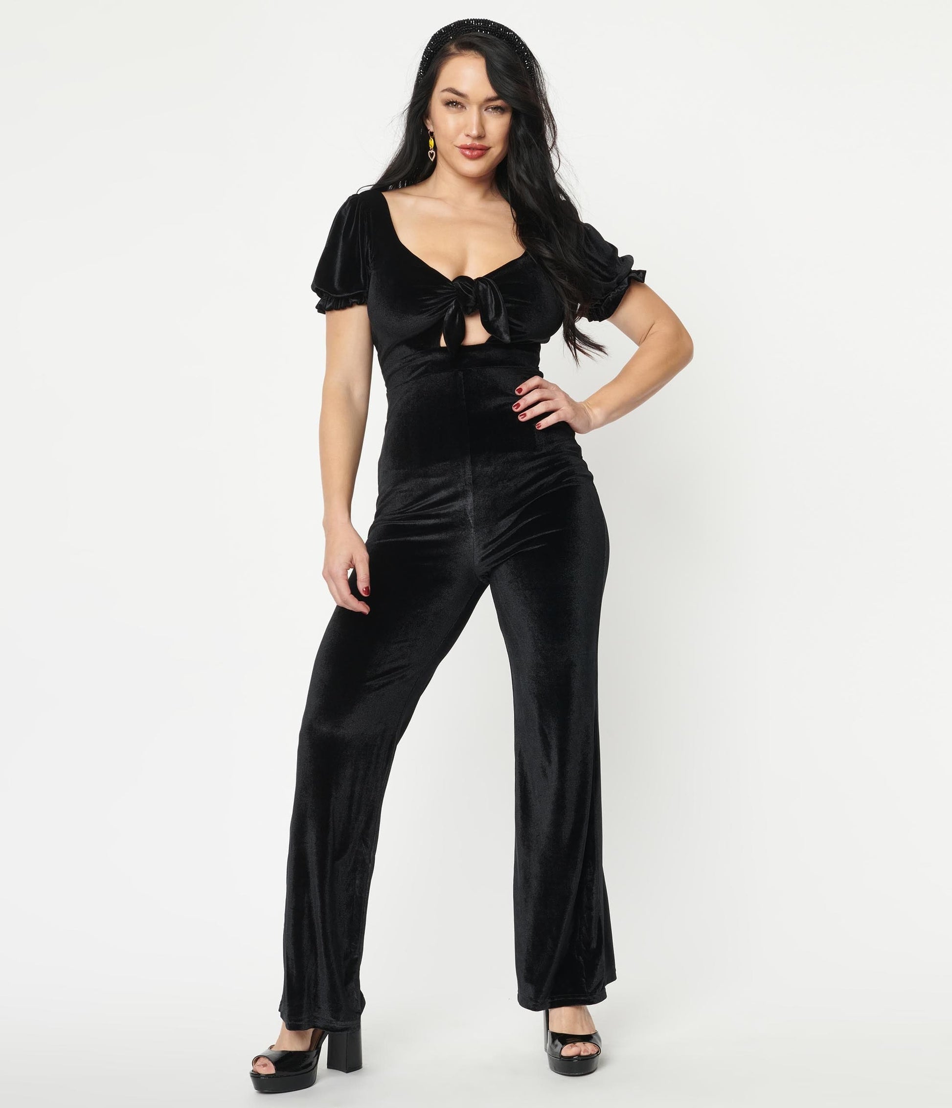 Black Velvet Front Tie Jumpsuit