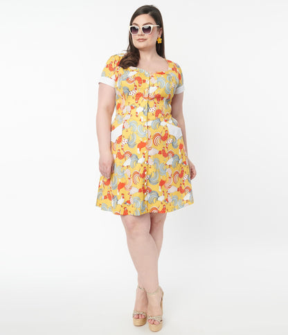 Unique Vintage Plus Size 1950s Mustard & Red Rooster Print Fit & Flare Dress