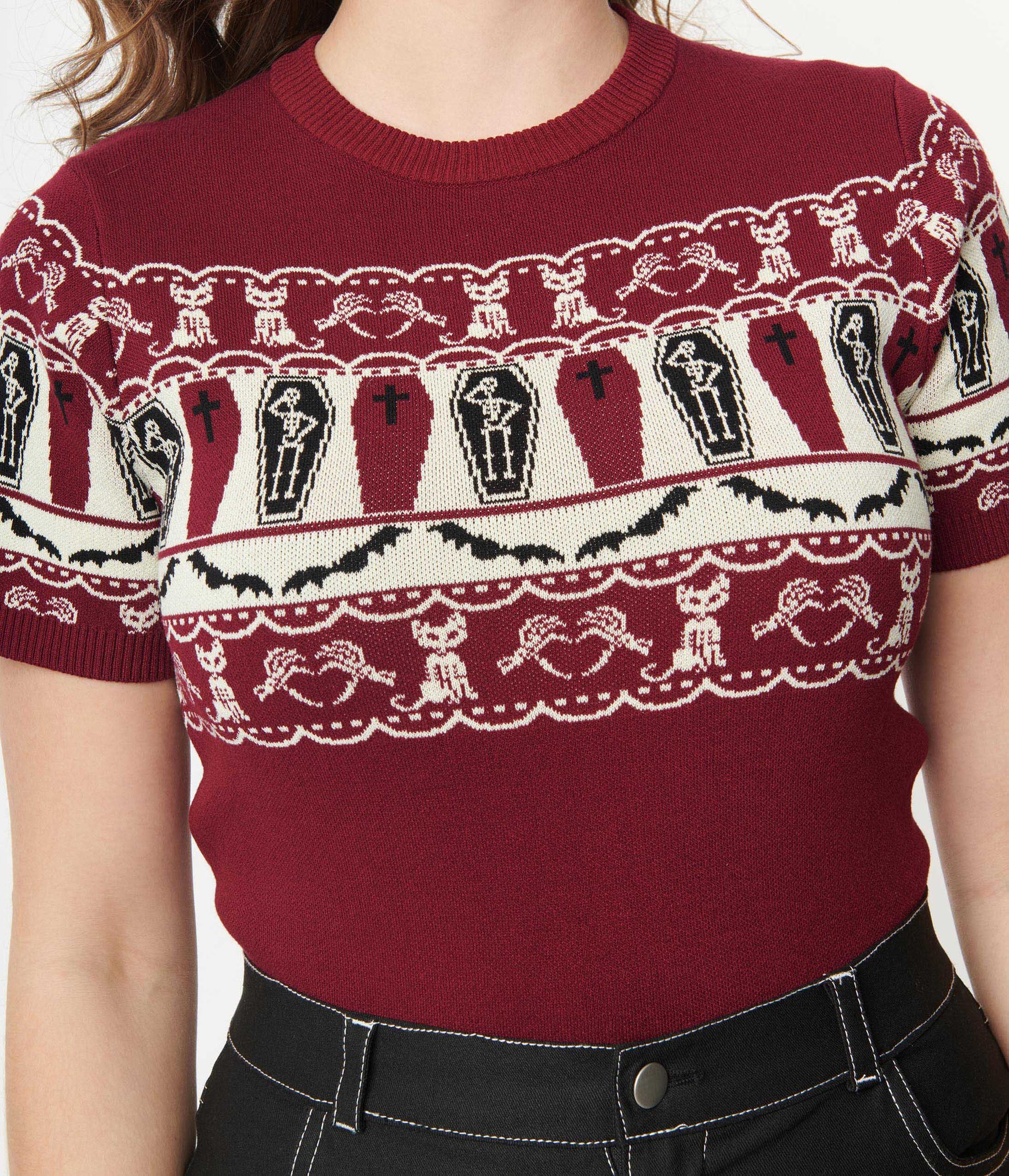 Unique Vintage 1950s Burgundy Coffin Knit Fair Isle Sweater