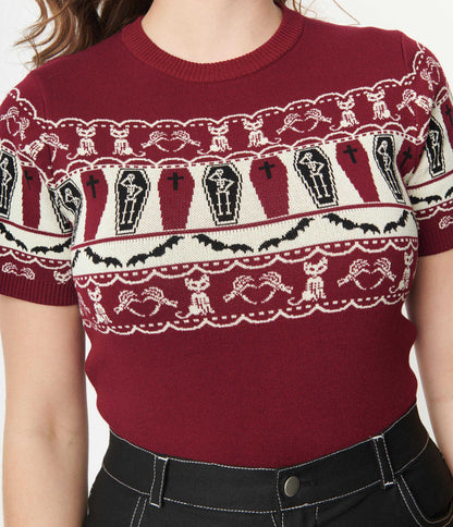Unique Vintage 1950s Burgundy Coffin Knit Fair Isle Sweater