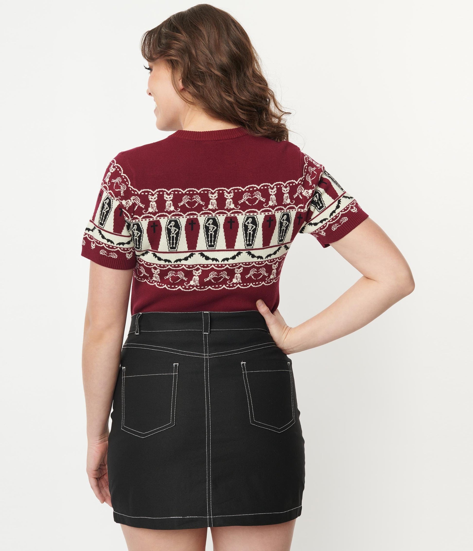 Unique Vintage 1950s Burgundy Coffin Knit Fair Isle Sweater