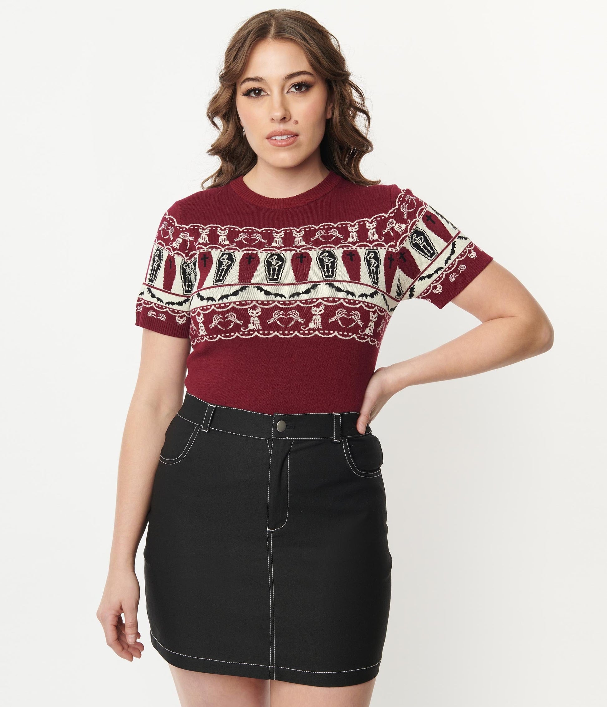 Unique Vintage 1950s Burgundy Coffin Knit Fair Isle Sweater