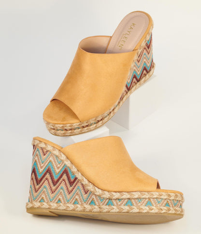 Tan Suede & Multicolor Chevron Wedges