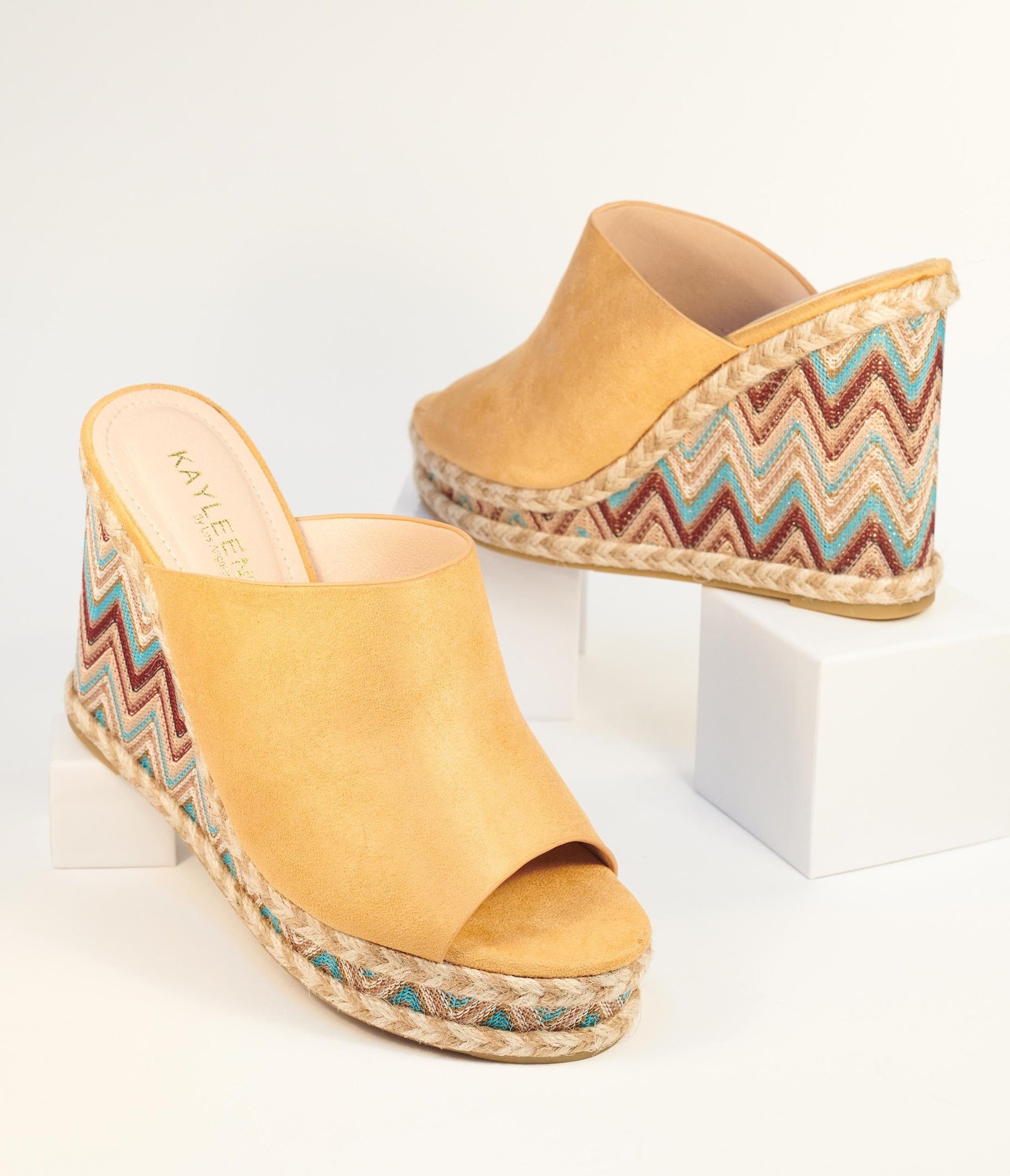 Tan Suede & Multicolor Chevron Wedges