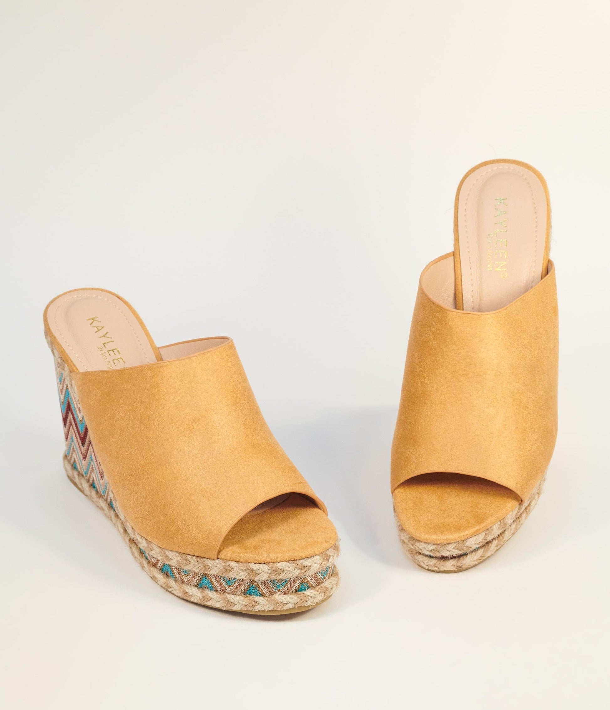 Tan Suede & Multicolor Chevron Wedges