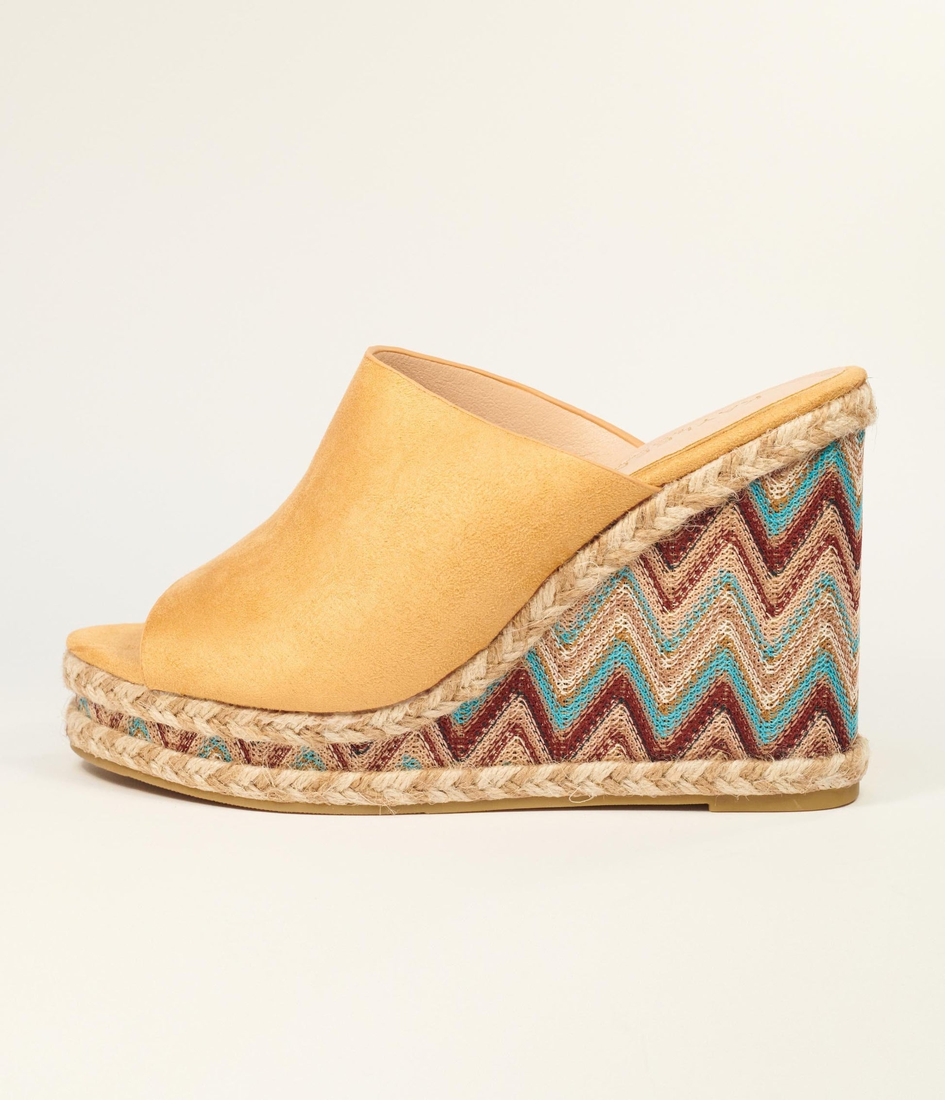 Tan Suede & Multicolor Chevron Wedges