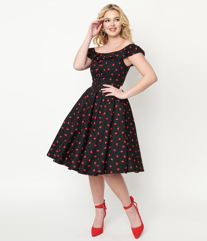 1950s Magnolia Place Black & Red Heart Print Barbara Swing Dress