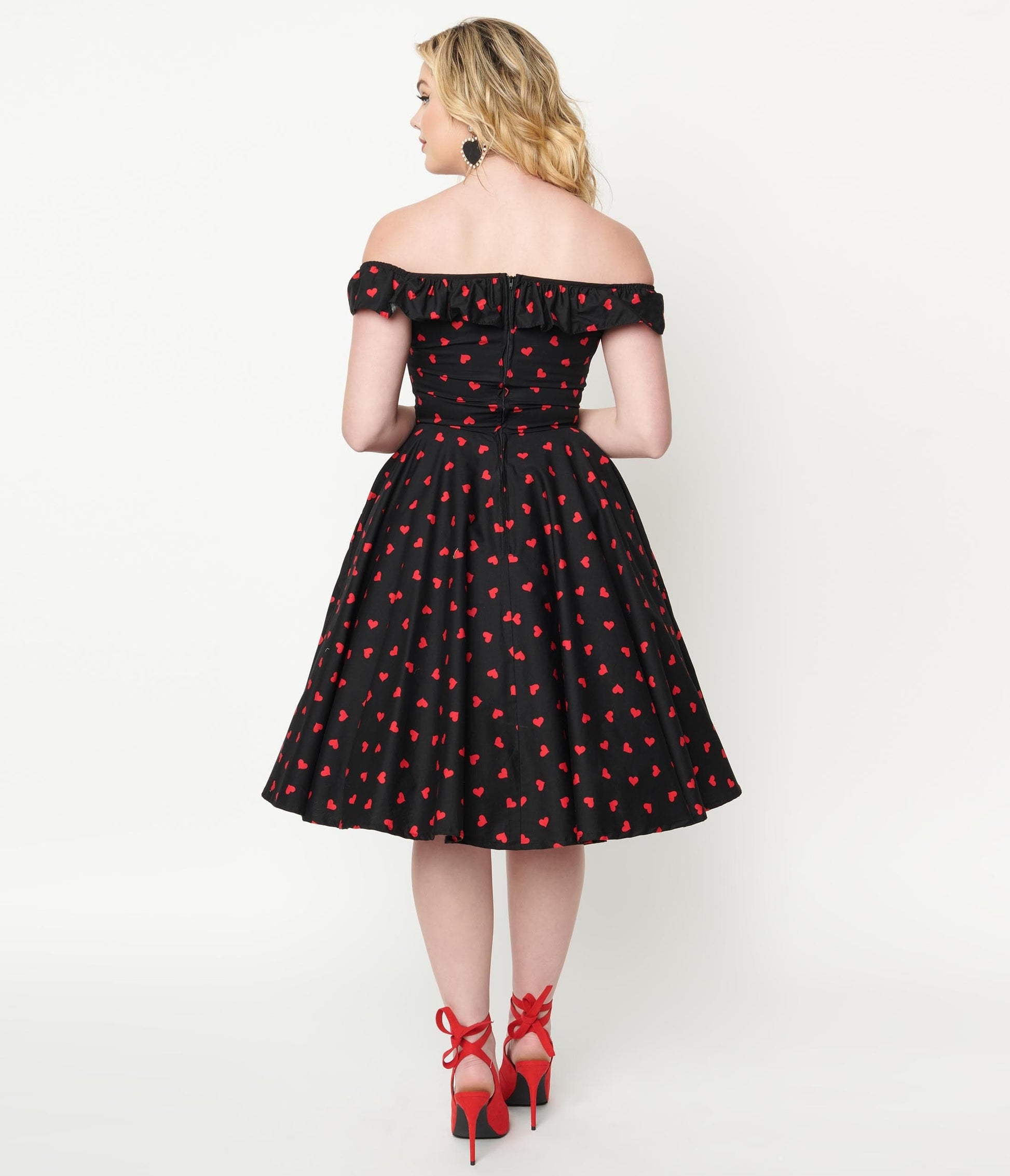 1950s Magnolia Place Black & Red Heart Print Barbara Swing Dress