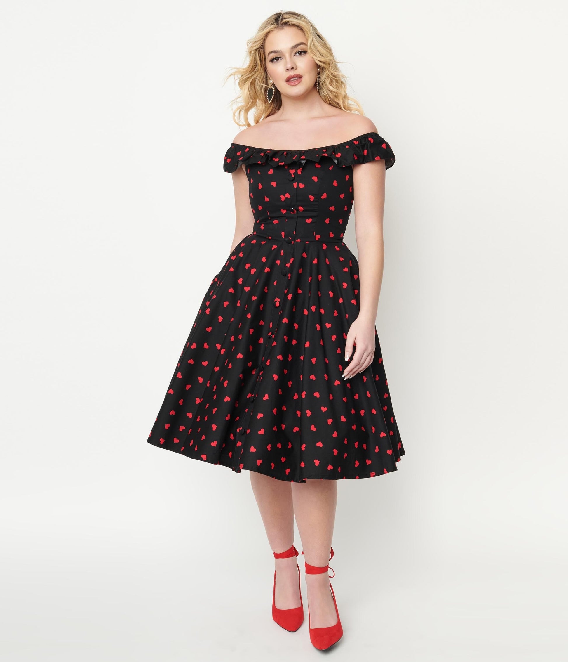 1950s Magnolia Place Black & Red Heart Print Barbara Swing Dress