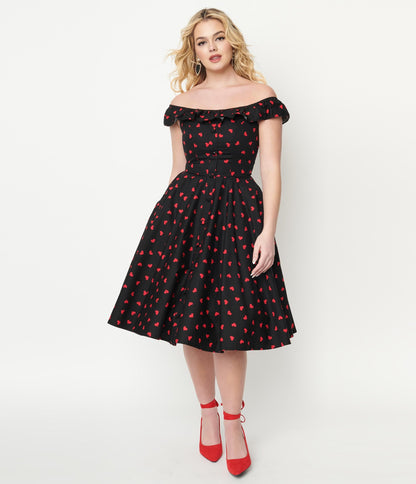 1950s Magnolia Place Black & Red Heart Print Barbara Swing Dress