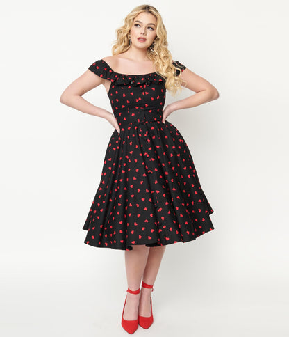 1950s Magnolia Place Black & Red Heart Print Barbara Swing Dress