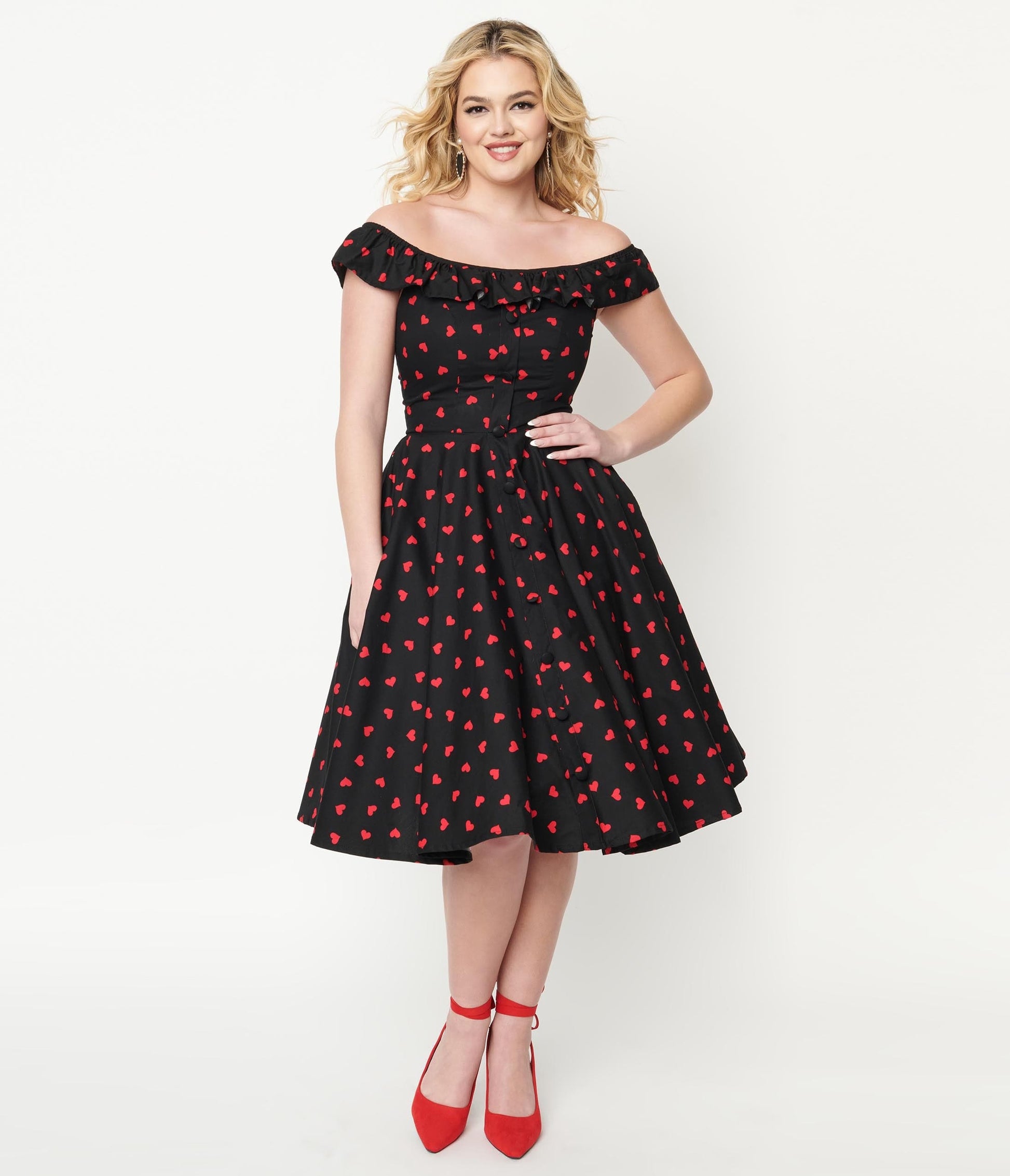 1950s Magnolia Place Black & Red Heart Print Barbara Swing Dress