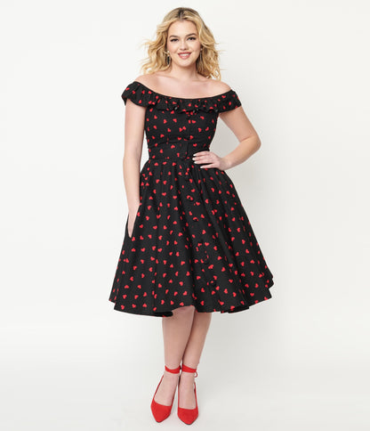 1950s Magnolia Place Black & Red Heart Print Barbara Swing Dress