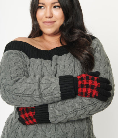 Red & Black Buffalo Plaid Knit Gloves