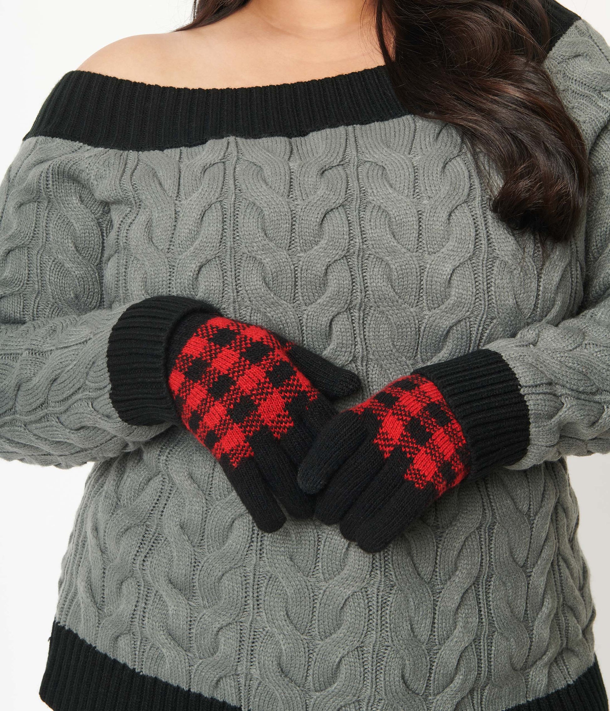 Red & Black Buffalo Plaid Knit Gloves