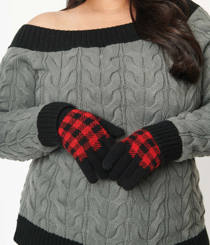 Red & Black Buffalo Plaid Knit Gloves