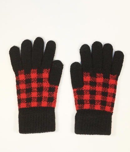 Red & Black Buffalo Plaid Knit Gloves