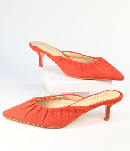 Red Suede Gathered Mule Heels