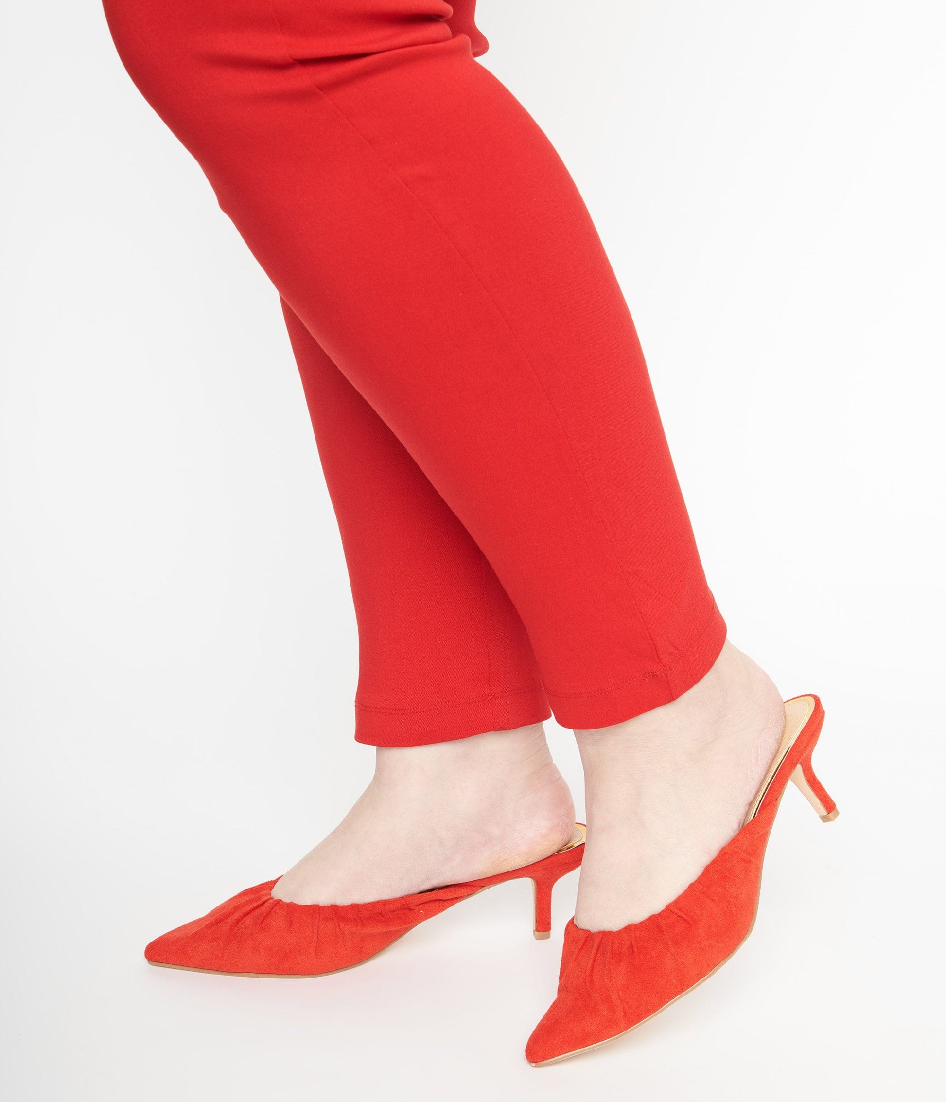 Red Suede Gathered Mule Heels