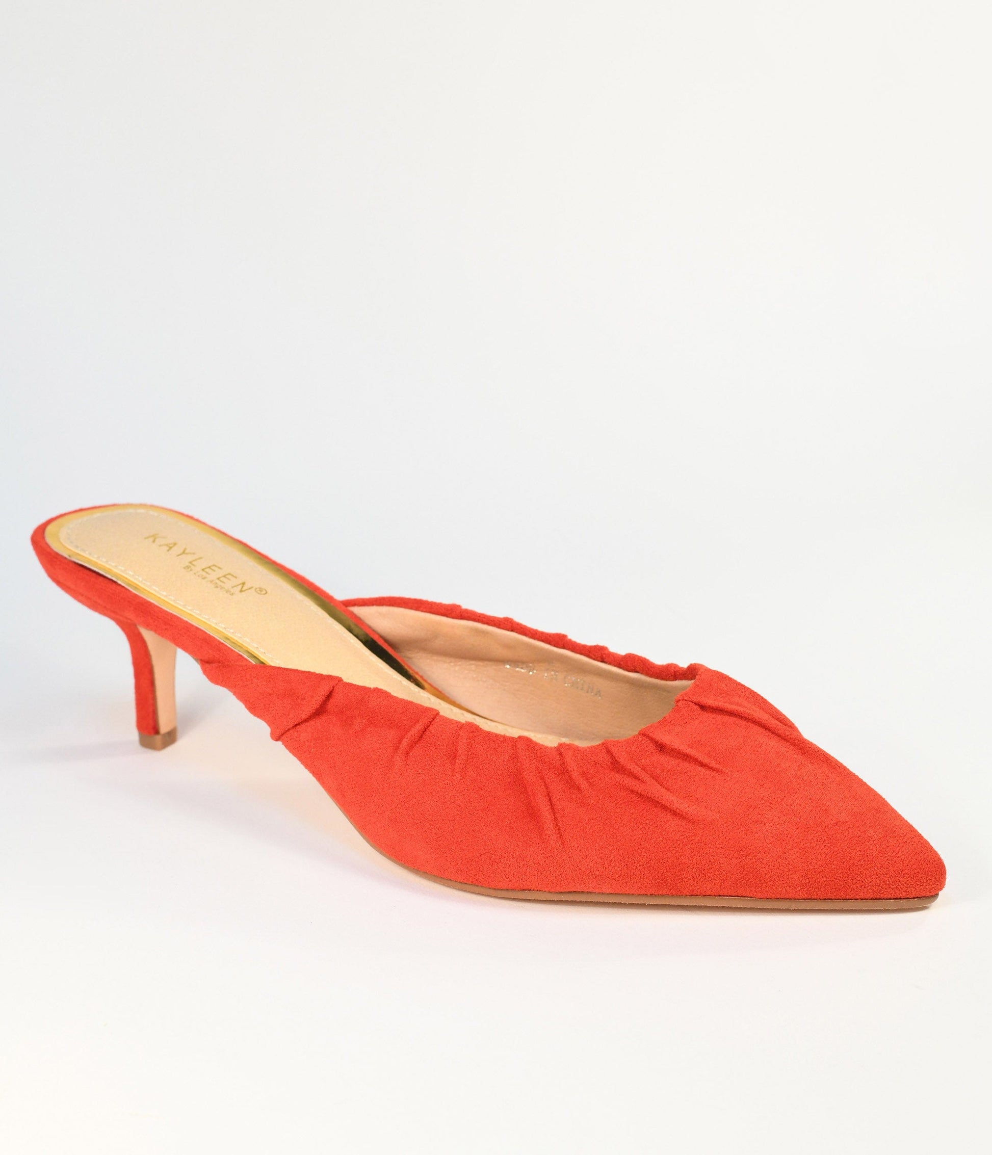 Red Suede Gathered Mule Heels