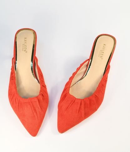 Red Suede Gathered Mule Heels