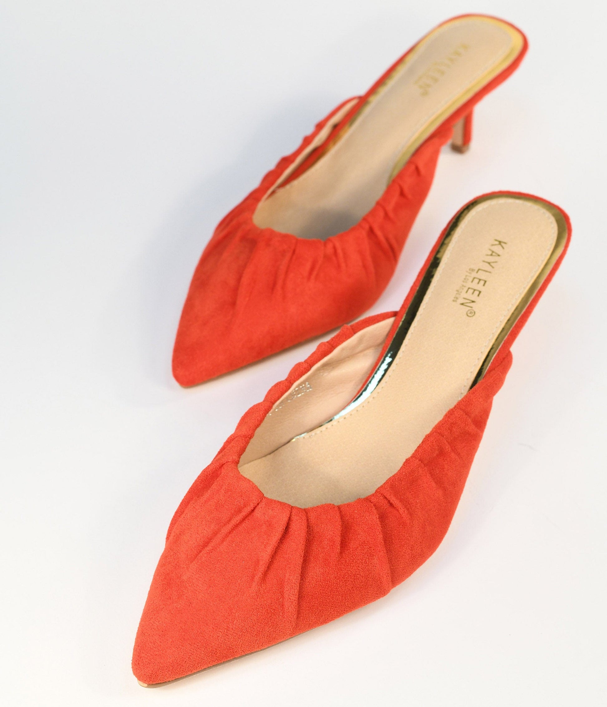Red Suede Gathered Mule Heels