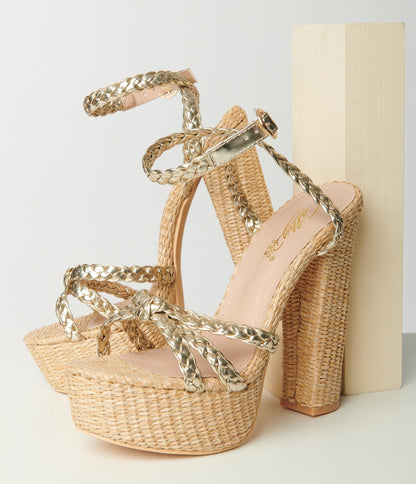 Gold & Rattan Platform Heel Sandal