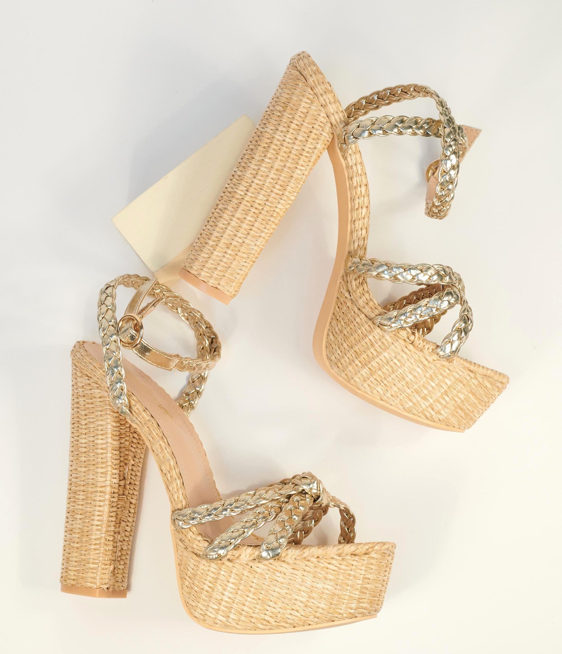 Gold & Rattan Platform Heel Sandal