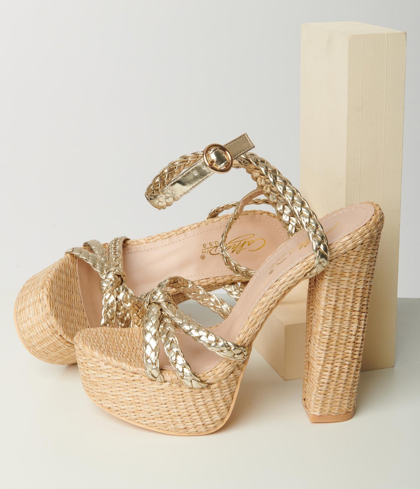 Gold & Rattan Platform Heel Sandal