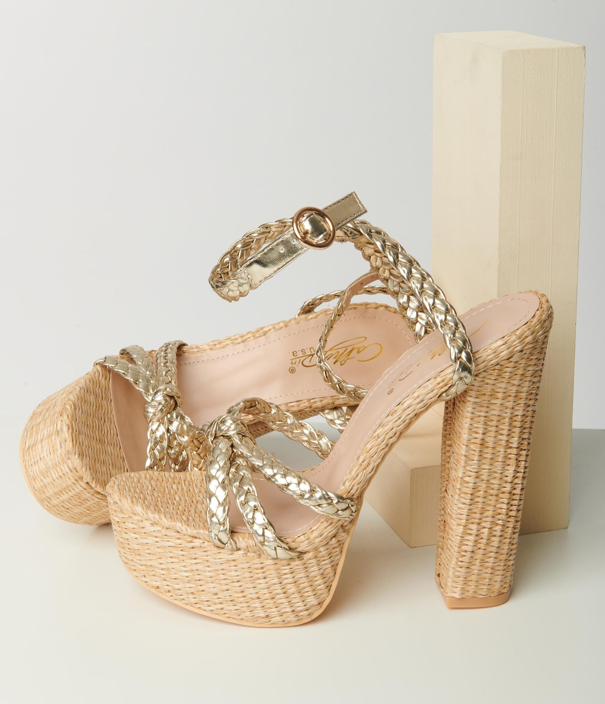 Gold & Rattan Platform Heel Sandal