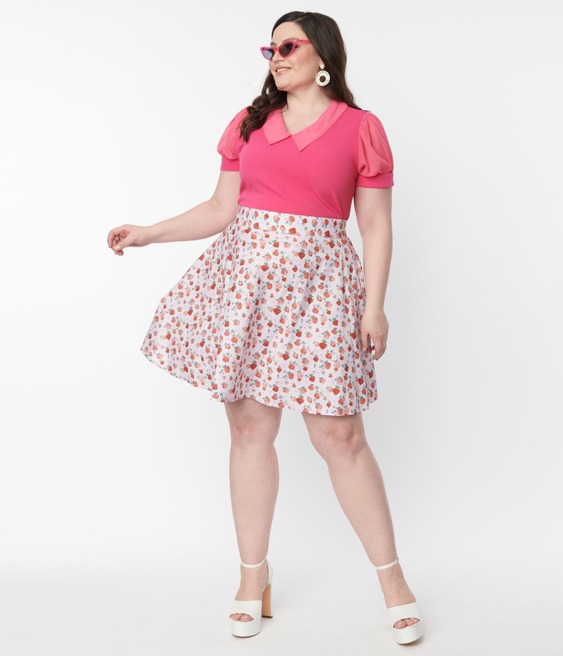 Retrolicious Plus Size Pink Strawberry Print Skater Skirt