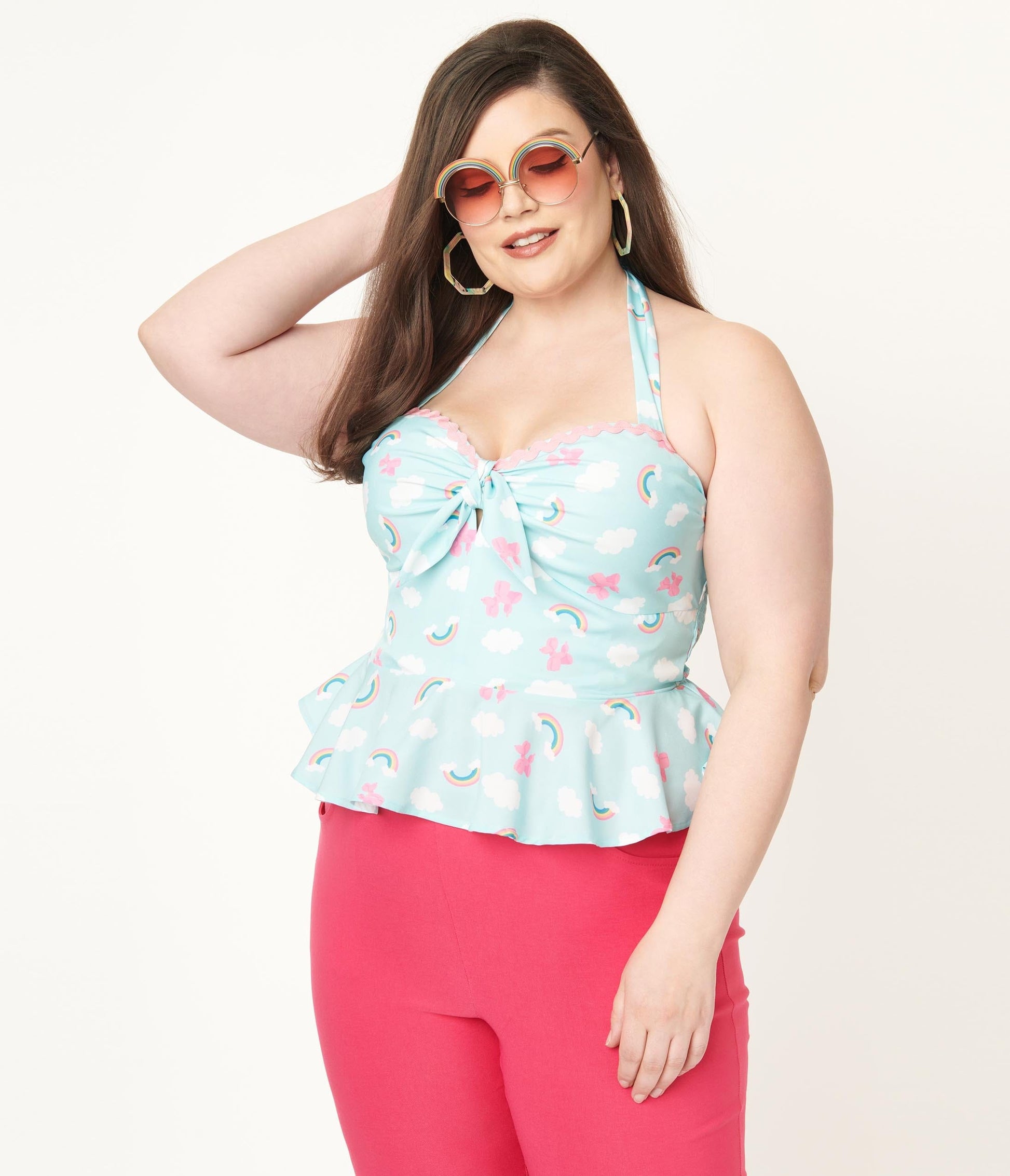 1970s Unique Vintage Plus Size Aqua & Rainbow Print Peplum Halter Top