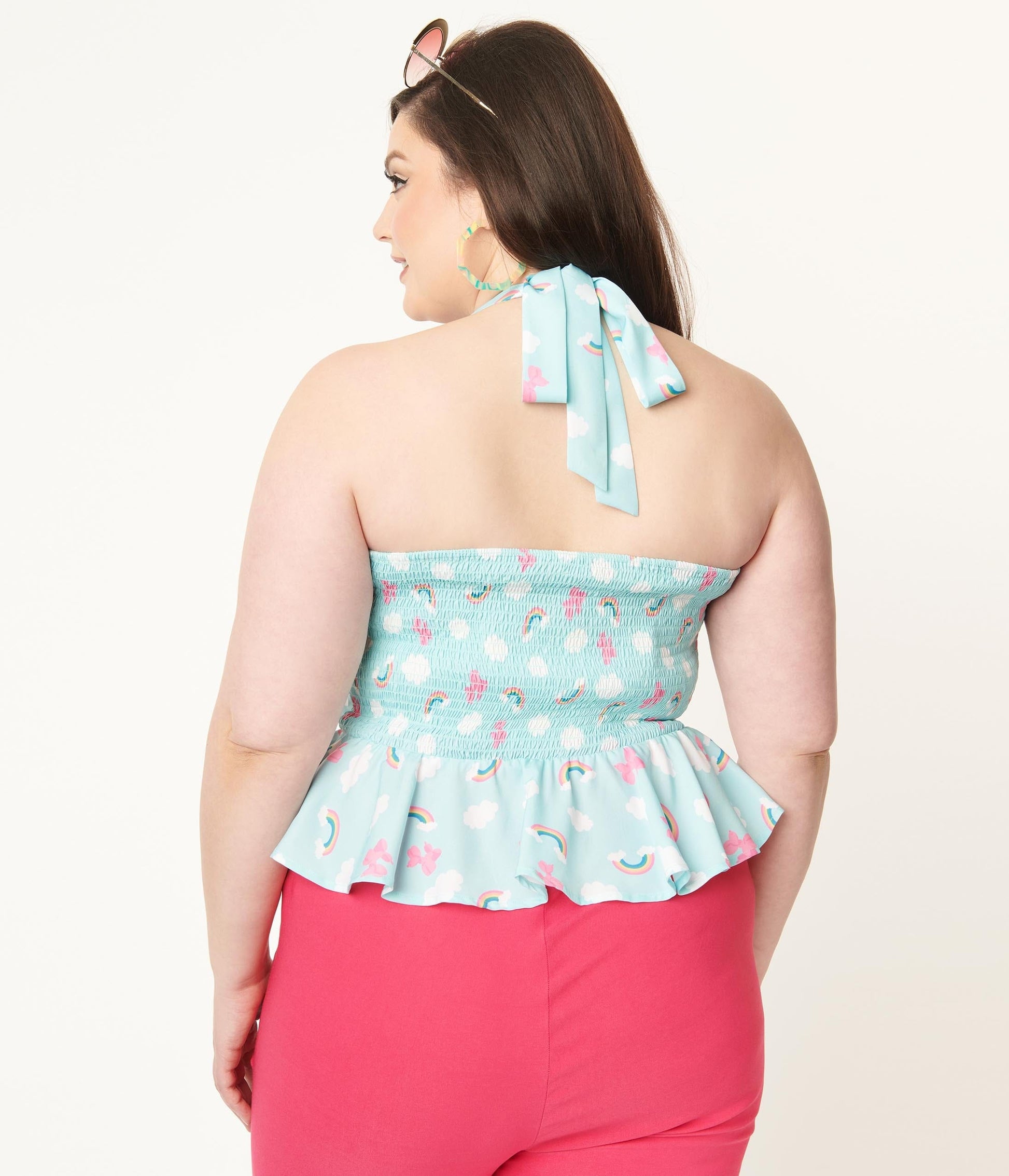 1970s Unique Vintage Plus Size Aqua & Rainbow Print Peplum Halter Top