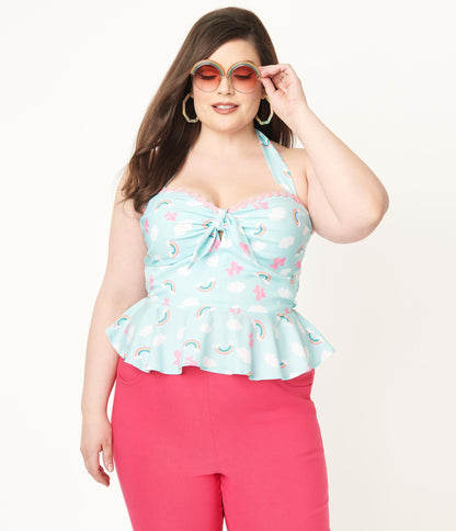 1970s Unique Vintage Plus Size Aqua & Rainbow Print Peplum Halter Top